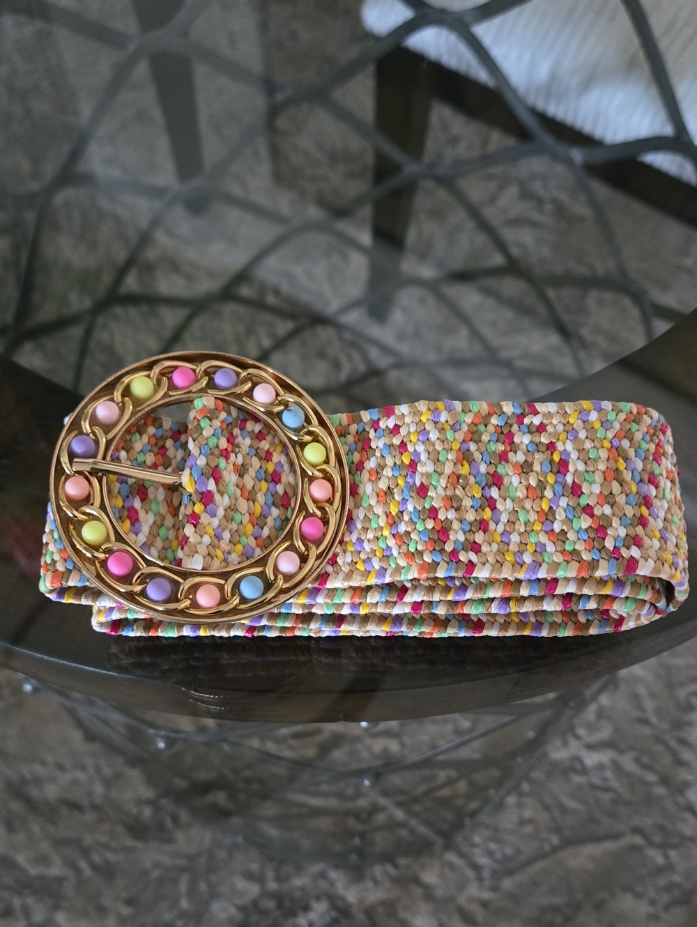 Multicolor Woven Beaded Stretch Belt with Gold Accent Buckle. Sz M/L New